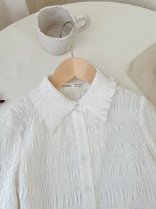 SHEIN Tween Girl Woven Solid Color Pleated Short Casual Shirt