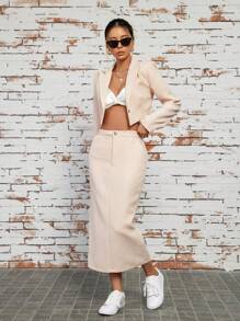 GENKIRA Solid Color Suit Jacket With Lapel Collar And Split Hem Skirt Set - Apricot - View 3