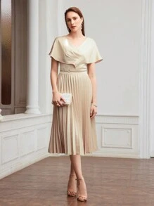 MOTF PREMIUM TWO TONE SURPLICE NECK BATWING SLEEVE PLEATED HEM DRESS,HOLIDAY PARTY BIRTHDAY FORMAL EVENING OCCASSION - Khaki - View 5