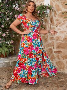 SHEIN VCAY Robe Longue Fendue Romantique À Imprimé Floral De Grande Taille Pour Vacances