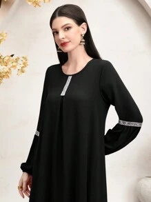 Al Najma Váy Ả Rập dài tay hở vai lấp lánh chắp vá cho nữ - màu đen - Xem 5