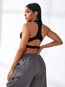 SHEIN Yoga Basic Của phụ nữ Màu thuần Xu hướng: Cắt giảm Trở lại Bras thể thao - màu đen - Xem 2