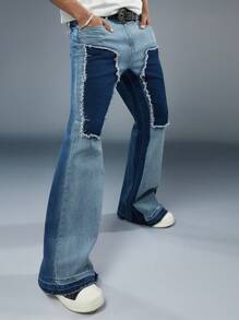 Manfinity Roghcode Men's Patchwork Flare Jeans Baggy Long Washed Dark Jean Cargo Color Block Blue Party Fashion Couple Matching - Blue - View 4