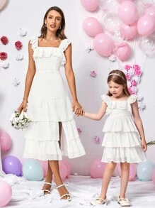 SHEIN Young Girl Square Neckline, Flutter Sleeves, Ruffle Trim Decorated Multi-Layered Cake Dress Dress - White - View 1