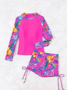 Swim Lushoire Conjunto de Rashguard de manga larga con impresión tropical contrastante para mujeres en la playa en verano - Rosa Fucsia - Ver 7