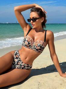 SHEIN Swim 女士花朵印花两件套比基尼套装，比基尼套装海滩泳装泳衣音乐节夏季，夏季海滩 - 彩色 - 查看 1