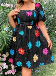 Flirla Plus Size Women's Floral Printed Short Bubble Sleeve Dress - Multicolor - View 3