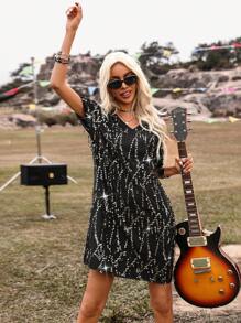 Breezaya Rochie de damă cu mâneci liliac mozaic cu paiete