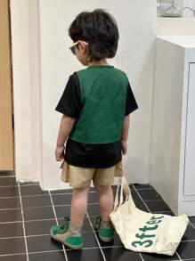 SHEIN 2pcs/Set Young Boy Outfit, Japanese Style Colored Sleeveless Vest And Knee-Length Shorts With Pockets - Multicolor - View 3