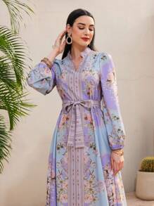 Modelyn Robe longue à manches lanternes pour femmes avec col cranté et imprimé floral blocs de couleurs