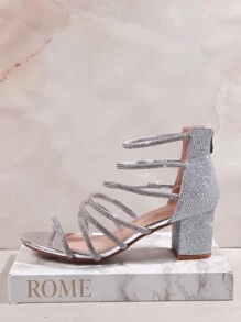 SHUZIA Women's Multi-Strap Rhinestone Embellished Open Toe Block Heel Silver Dress Sandals – Glamorous, Comfortable & Party-Ready Essential Summer Shoes Spring Shoes Spring Break Easter Prom Heels Wedding Shoes Valentine's Day Summer Shoes - Silver - View 3