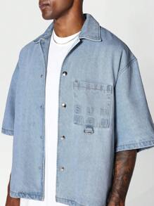 SUMWON Boxy Fit Revere Collar Denim Shirt - Light Wash - View 4