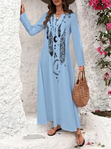 Breezaya Feather Print Notched Collar Loose Casual Dress Maxi Vacation Beach Outfits Women