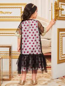 SHEIN Leap Crew 少女2入組鬆身可愛圓領長裙和有刺繡及撬花的網紗外套 - 彩色 - 查看 2