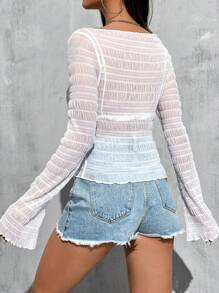 SHEIN EZwear 女款純色透明網紗喇叭袖上衣 - 白色 - 查看 2