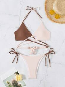 SHEIN Swim 女士拼色交叉镂空挂脖比基尼套装夏季海滩 - 彩色 - 查看 1