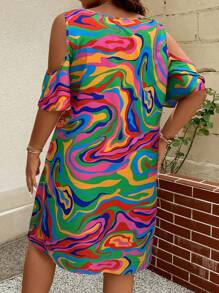 Breezaya Plus Size Loose Fit Colorblock Cold Shoulder Neckline Casual Dress - Hot Pink - View 2