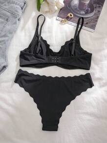 Solid Color Spaghetti Strap Bra & Panty Underwear Lingerie Set - Black - View 2