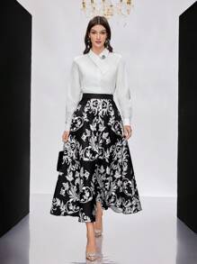 Modelyn High-Waisted Elastic Allover Print Pleated Skirt - Multicolor - View 4