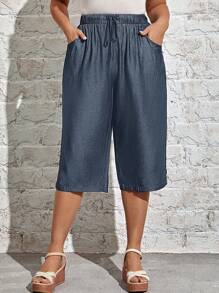 EMERY ROSE Plus Size Elastic Waist Tie Straight Leg Capri Pants - Grey - View 4