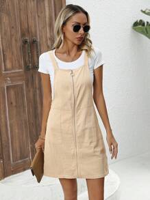 SHEIN LUNE Của phụ nữ Màu thuần Dây kéo Placket Đầm Tổng thể - Màu Khaki - Xem 4