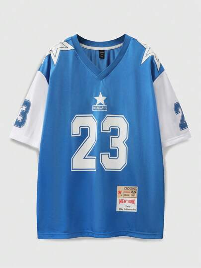 ROMWE MEN Street Life Men Sporty Color-Block Jersey Tee With Comfortable Glossy Fabric, Color-Blocked Sleeves And Ribbed Collar, Football T-Shirt, School