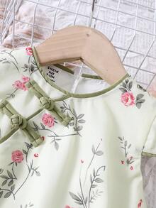 嬰兒女孩花卉印花旗袍連中式結鈕漢服裝 - 綠色 - 查看 3