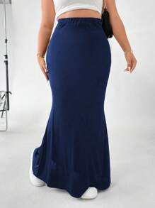 Flirla 大码纯色弹力腰美人鱼下摆长裙 - 藏蓝色 - 查看 4