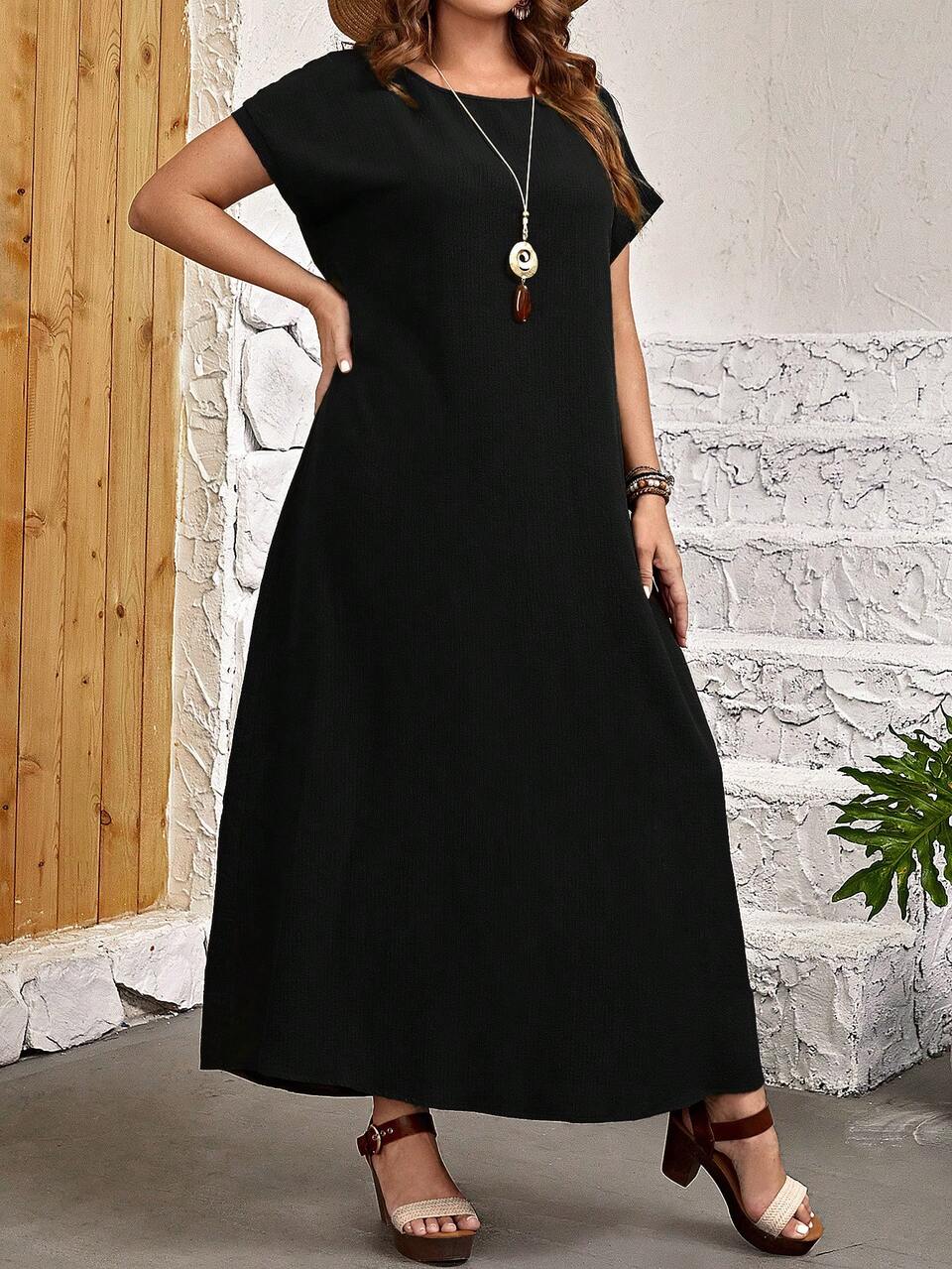 Plus Size Solid Color Batwing Sleeve Dress
