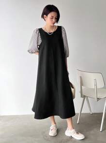 FRIFUL 女士條紋拼接中長款連衣裙 - 黑色 - 查看 6