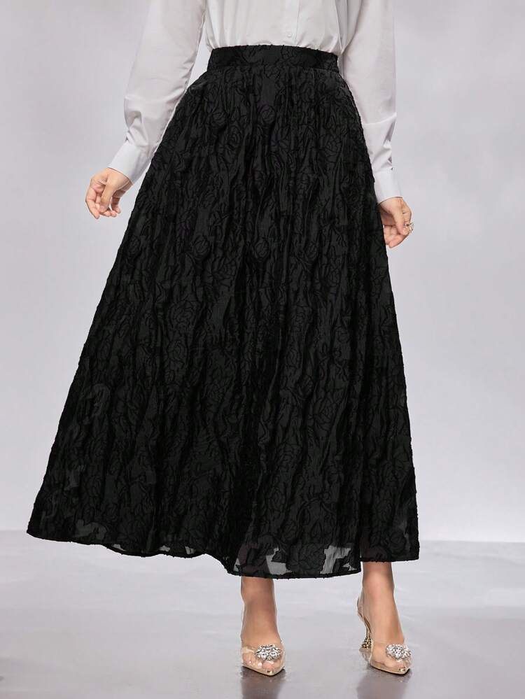 Ladies' Solid Color Jacquard Elastic Waist A-Line Skirt