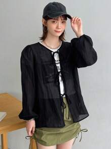 FRIFUL Solid Color Blouse With Diagonal Pocket And Lantern Sleeves Sheer Long Sleeve Top - Black - View 4