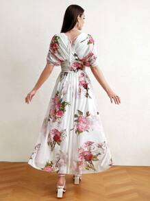 Modelyn Women's Floral Print Batwing Sleeve Dress With Waist Pleats Long Evening Dresses