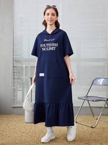 SHEIN Teen Girl Casual Dress With Letter Print, Patch Pocket, Ruffle Trim Hem - Royal Blue - View 3
