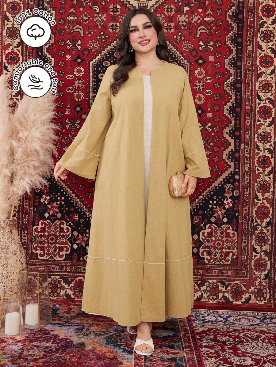 Al Najma 大碼彩色拼接阿巴婭連衣裙與喇叭袖+圓領無袖連衣裙 - 彩色 - 查看 1