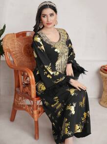 Al Najma 1 đầm nữ in hoa sang trọng & ren & váy kiểu Ả Rập có tay loe - màu đen - Xem 5