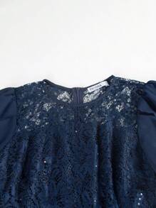 Women's Round Neck Short Sleeve Waisted Ruffle Lace Stitching Solid Color Dress Bridesmaid Dress Lace Stain Bride Bridesmaid Bridal Wedding Cocktail Formal Prom Bachelorette Engagement Sequins