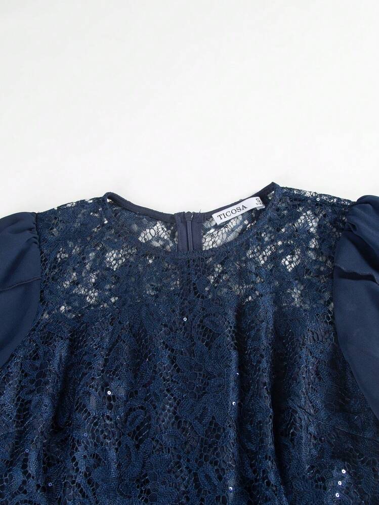 Damesfeestjurk, ronde hals, korte mouwen, taille met ruches, kant en patchwork, effen kleur, bruidsmeisjesjurk, kanten decoratie, bruidsmeisjesjurk, trouwjurk, cocktailparty, formele dansbal, verlovingsjurk met pailletten, voor Valentijnsdag - Donker blauw - Bekijken 5