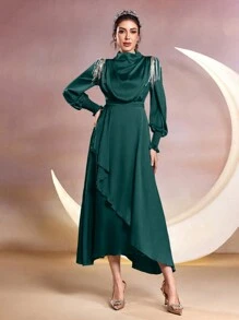 Modelyn 女款阿拉伯風格疊領流蘇袖下擺拼佈設計連身裙