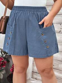 EMERY ROSE Plus Size Solid Colored Elastic Waist Shorts With Button Decoration - Blue - View 1