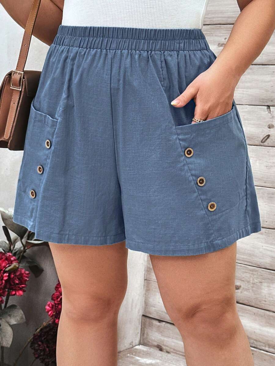EMERY ROSE Plus Size Solid Colored Elastic Waist Shorts With Button Decoration - Blue - View 1