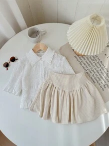SHEIN Tween Girl Woven Solid Color Pleated Short Casual Shirt