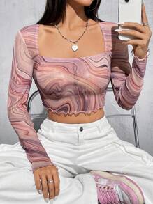 SHEIN EZwear In Đá cẩm thạch Lưới mỏng Thon gọn Quần skinny Áo thun - Màu Hồng  San hô - Xem 5