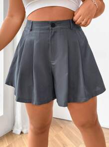 Flirla Plus Size Solid Color Folded Pleated Shorts - Grey - View 4