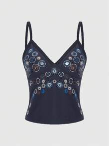 ROMWE Hippie Áo khoác và áo lót dành cho xe tăng nữ Thêu Hoa Giải trí - Màu xanh hải quân - Xem 1