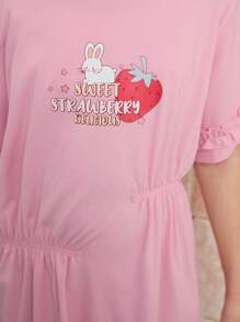 SHEIN Tween Girls' Loose Casual Cartoon Pattern Dress With Asymmetrical Hem, Flounce Neckline, And Gathered Waist