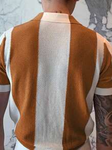 Men's Contrast Color Patchwork Turndown Collar Short Sleeve Knit Top - Beige - View 2