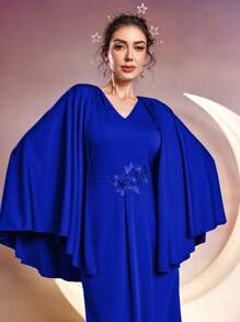 Modelyn Women's Solid Color Cape Wrap Dress Long Evening Dresses - Blue - View 8