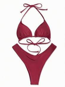 Swim Basics Conjunto de bikini de dos piezas con cuello halter sólido, playa de verano