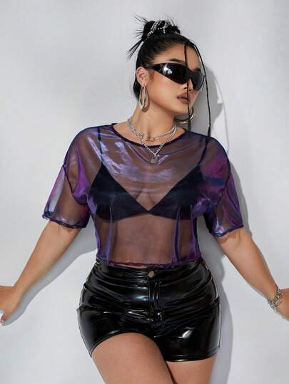 SHEIN ICON Summer Outfits Plus Size Cropped See-Through Mesh Loose Fit Top For Music Festival & Party Outfits Sheer Top